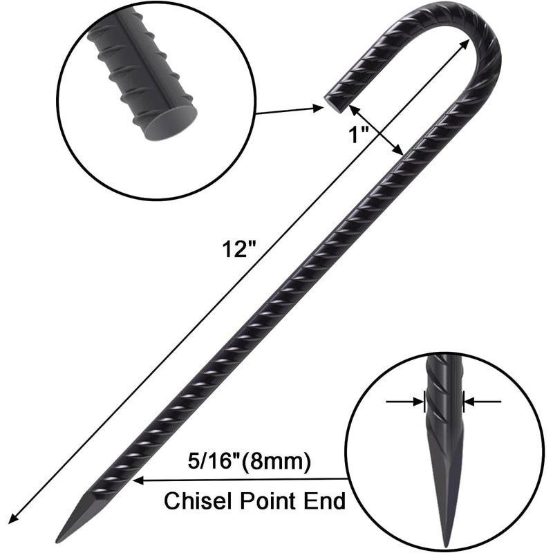 VVOKGO Garden Rebar Stakes J Hook 12 Inch Long Enough 32pcs, Rust Proof Black Coated Steel Trampoline Anchors Tent Stakes Metal Ground Stakes for Lawn Christmas Decorations - Image 2